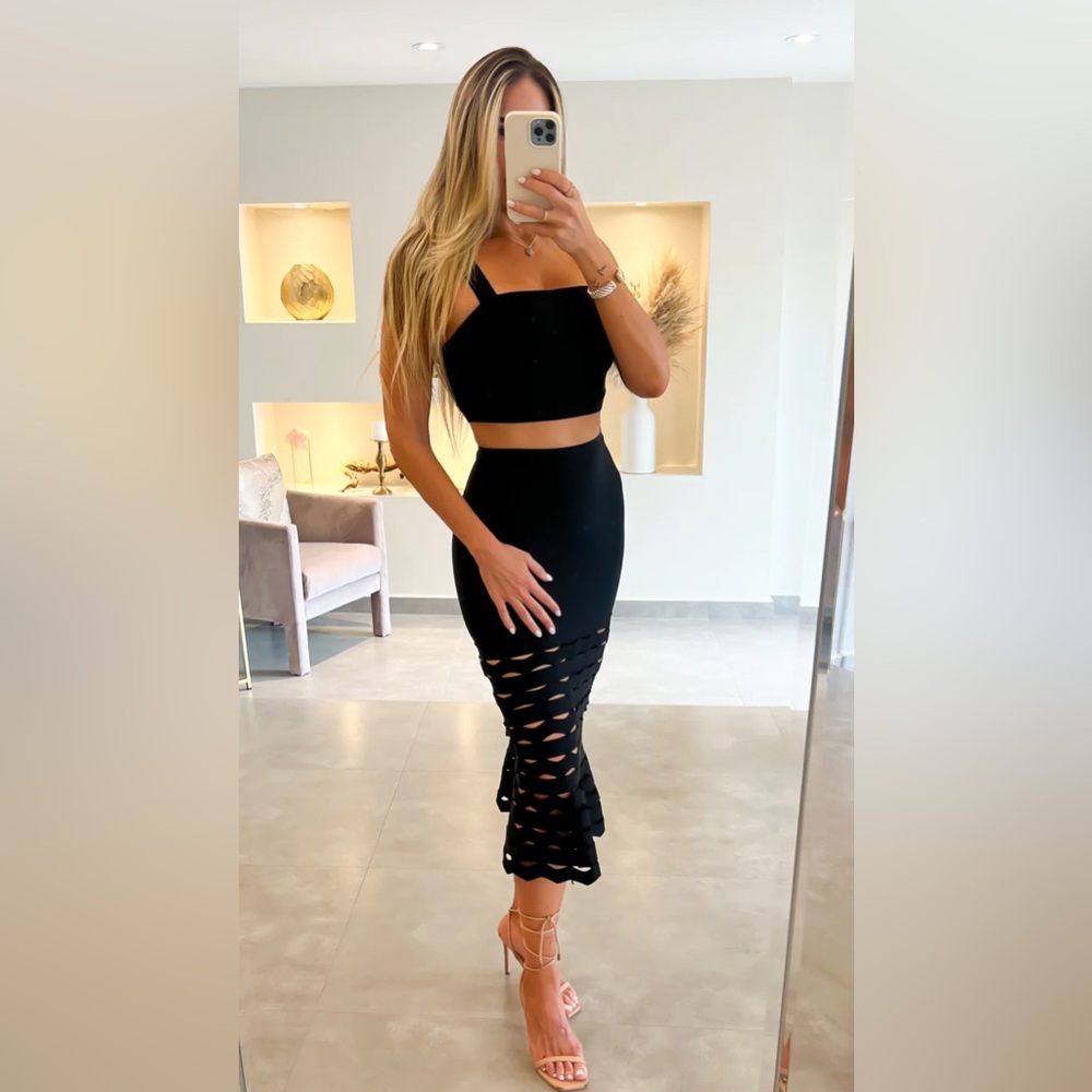 NEW Bandage Crop Top and Cutout Midi Skirt Set in Black Size M Party Wedding